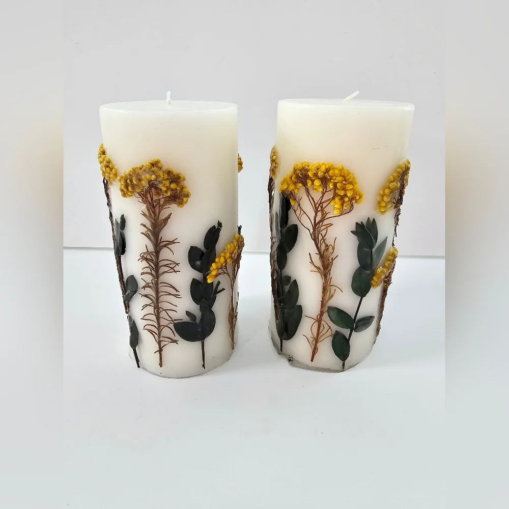 Pressed Floral Botanical Pillar Candles Set of 2